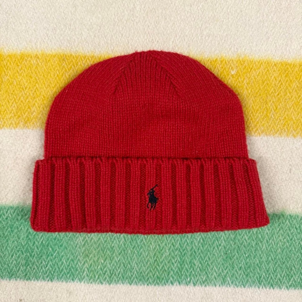 Polo Ralph Lauren Vintage Red Lambswool Beanie Hat Navy Pony Logo Mens Ribbed